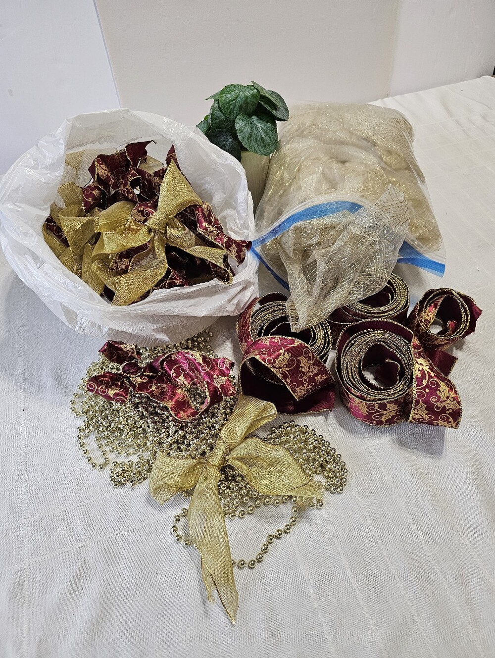 Burgundy & Gold Christmas Decorating Lot – Ribbon, Mesh & Bead Garland